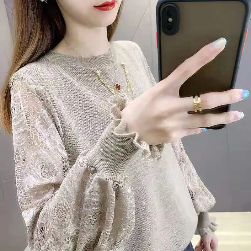 Black Lace Knit Ruffled Sweater for Women 2025 - Image 2