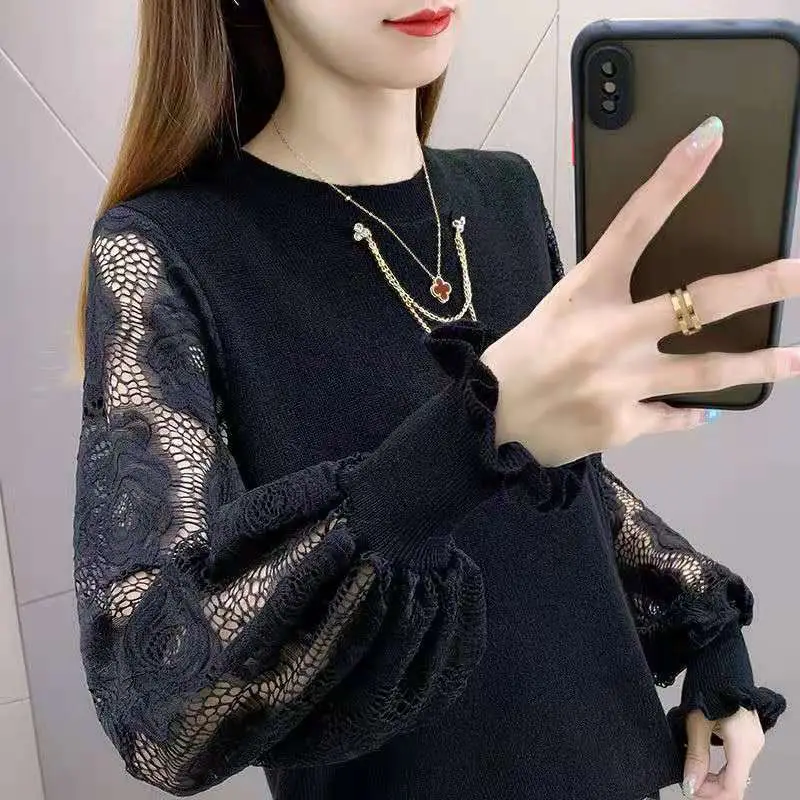 Black Lace Knit Ruffled Sweater for Women 2025 - Image 3