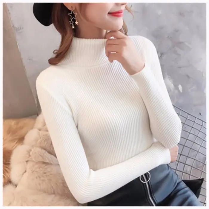 Women Knitted High Collar Sweater Top Beige - Image 10