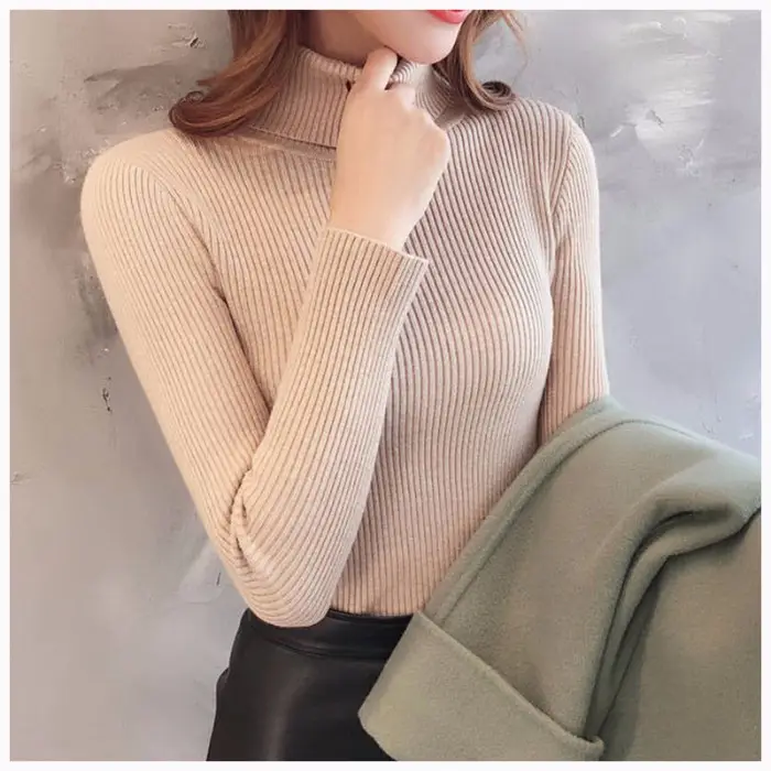 Women Knitted High Collar Sweater Top Beige - Image 13