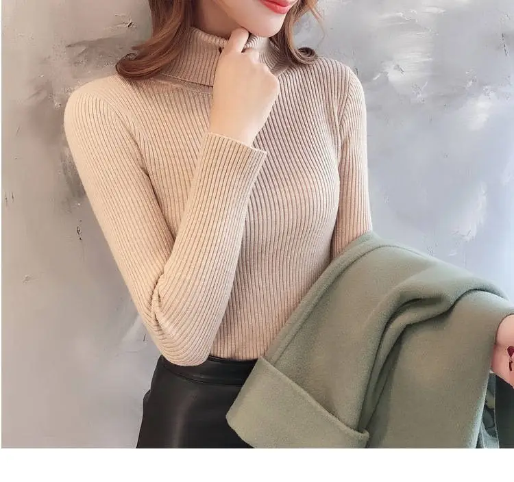 Women Knitted High Collar Sweater Top Beige — feature 11