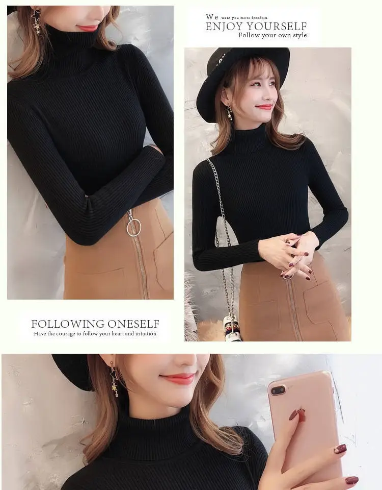 Women Knitted High Collar Sweater Top Beige — feature 12