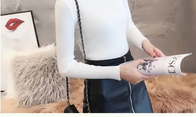 Women Knitted High Collar Sweater Top Beige — feature 17
