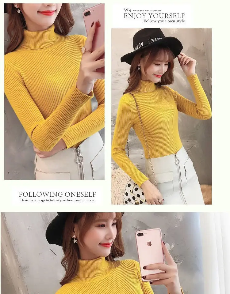 Women Knitted High Collar Sweater Top Beige — feature 18