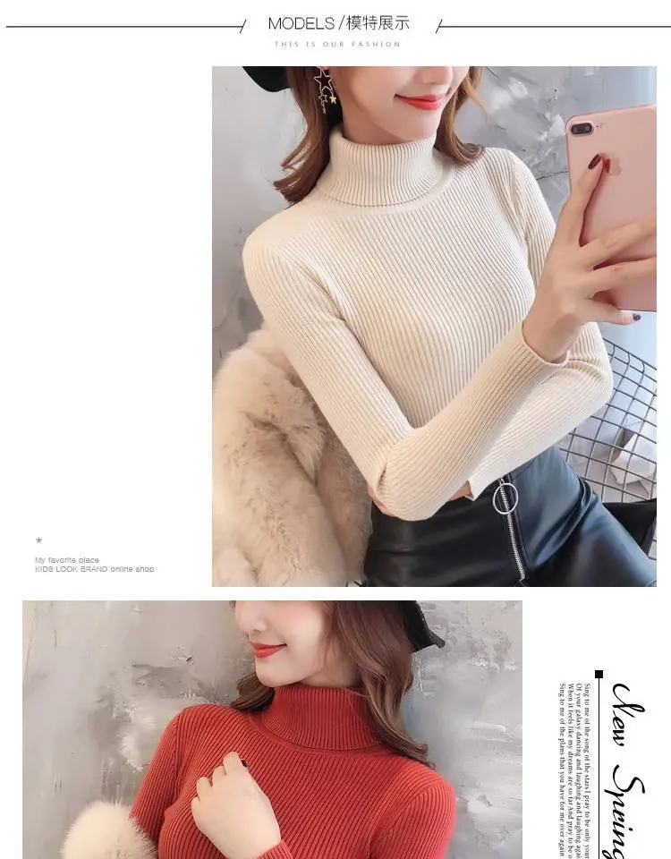 Women Knitted High Collar Sweater Top Beige — feature 5