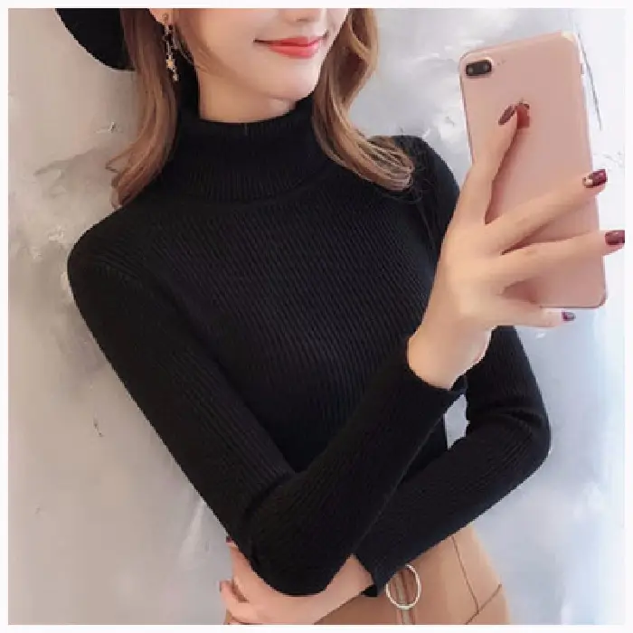 Women Knitted High Collar Sweater Top Beige - Image 2