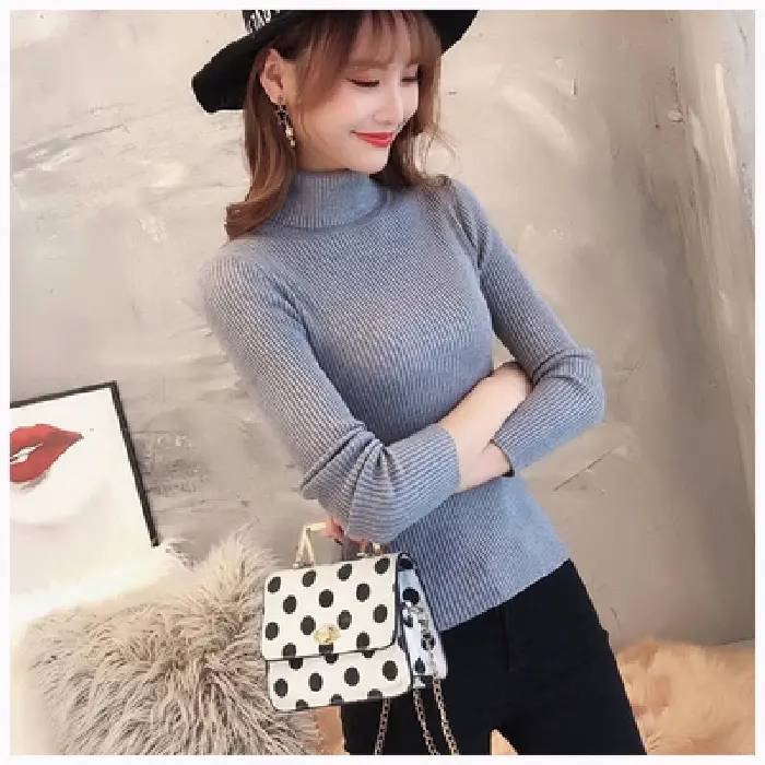 Women Knitted High Collar Sweater Top Beige - Image 3