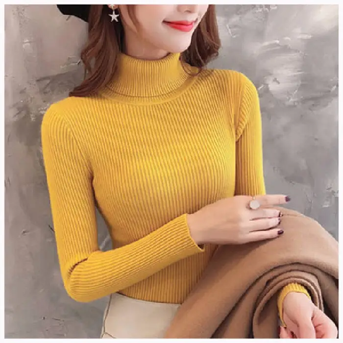 Women Knitted High Collar Sweater Top Beige - Image 4