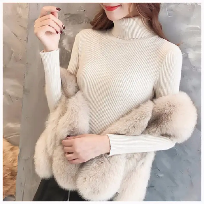 Women Knitted High Collar Sweater Top Beige - Image 6