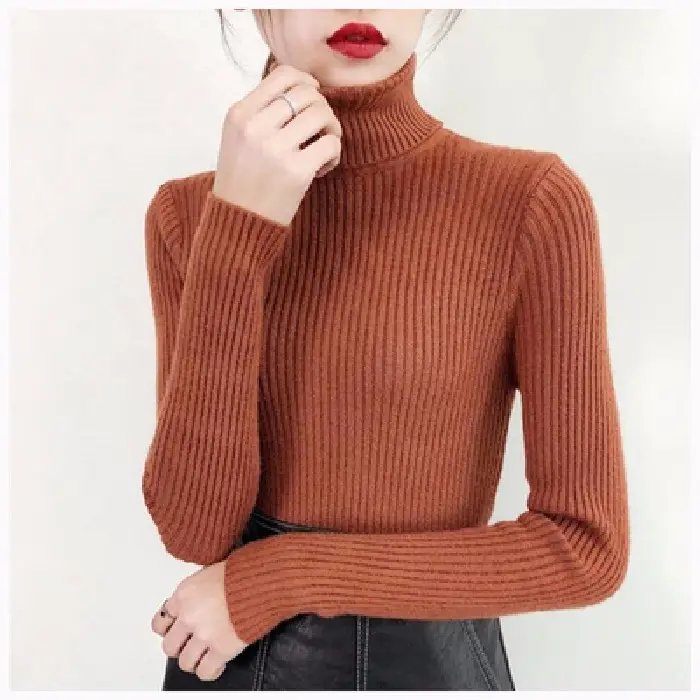 Women Knitted High Collar Sweater Top Beige - Image 7