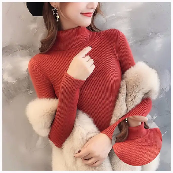 Women Knitted High Collar Sweater Top Beige - Image 8