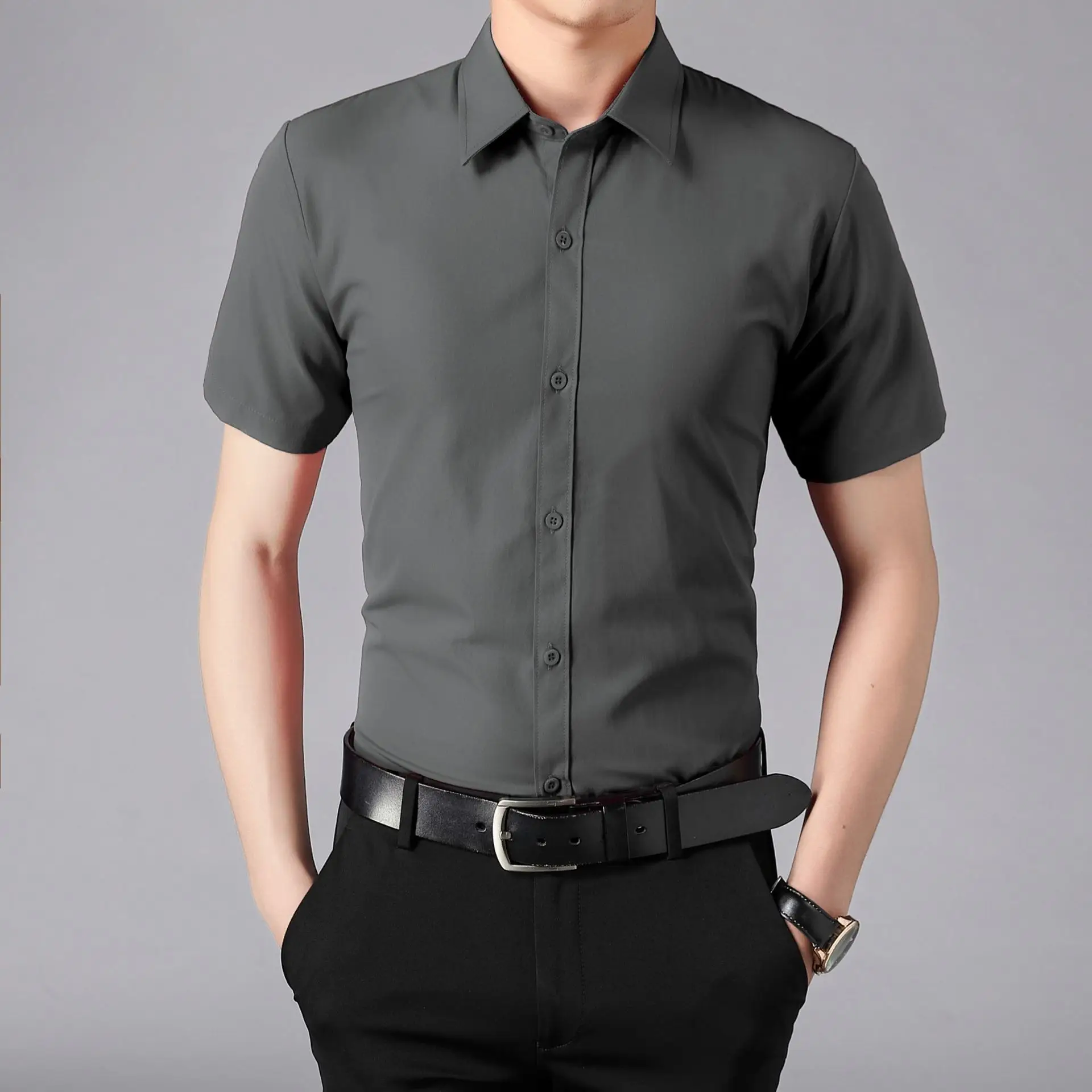 Men Light Blue Short Sleeve Button Shirt with Sleeves Roll - Image 11