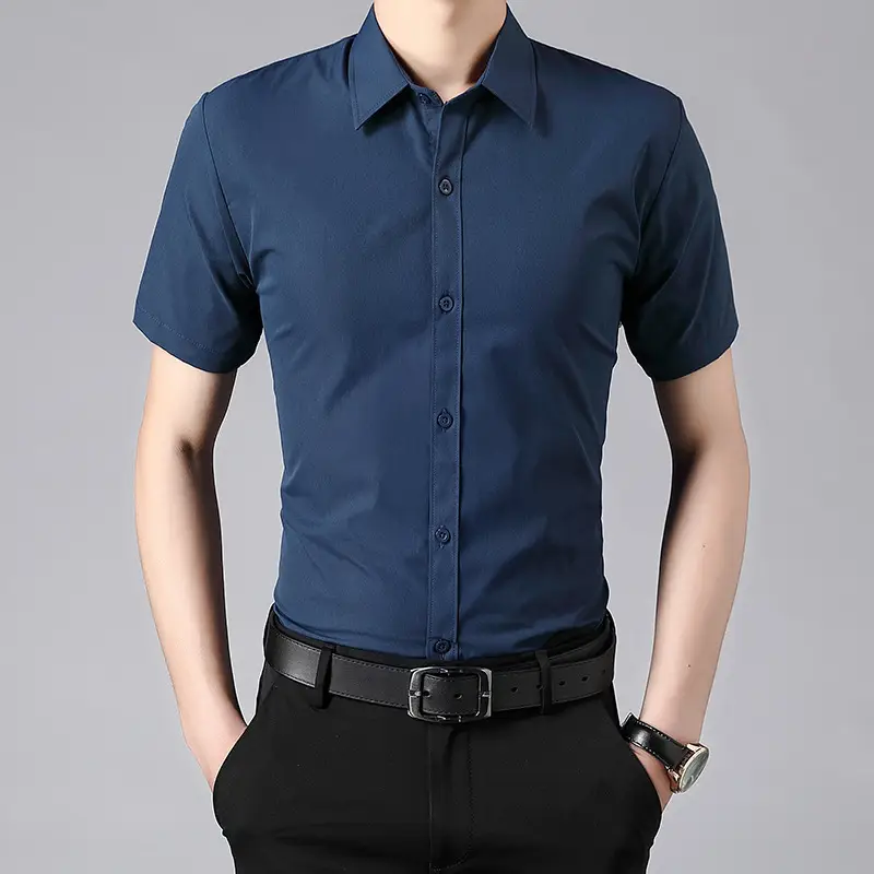 Men Light Blue Short Sleeve Button Shirt with Sleeves Roll - Image 12