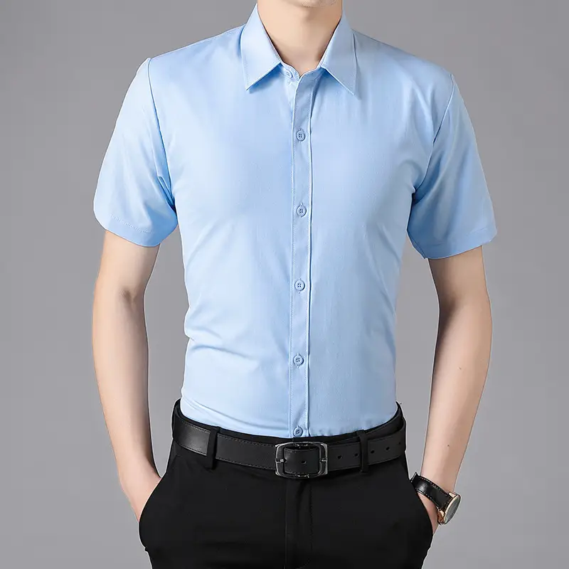 Men Light Blue Short Sleeve Button Shirt with Sleeves Roll - Image 13
