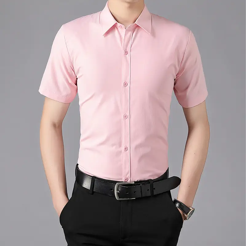 Men Light Blue Short Sleeve Button Shirt with Sleeves Roll - Image 14