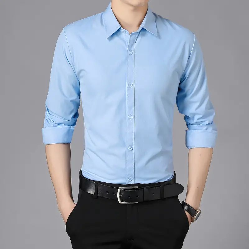 Men Light Blue Short Sleeve Button Shirt with Sleeves Roll - Image 5