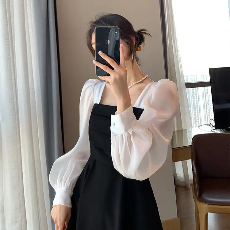 Long Sleeve Black Organza French Skirt Dress Women - Image 3