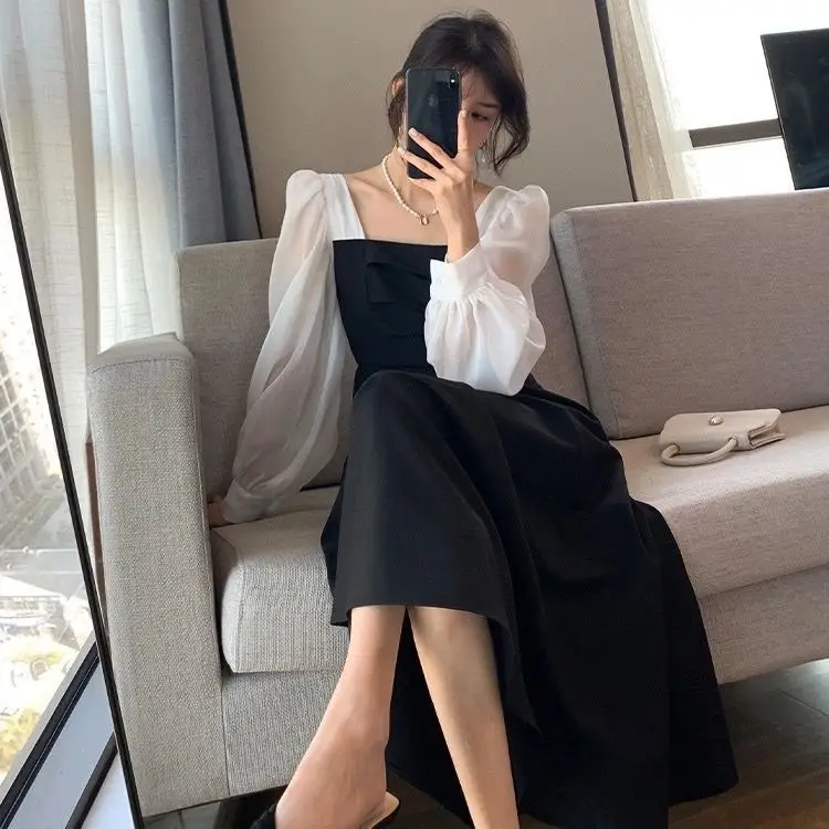 Long Sleeve Black Organza French Skirt Dress Women - Image 4