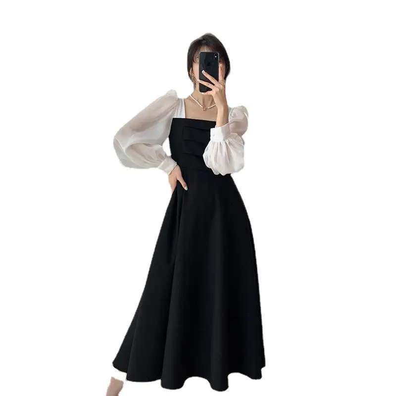Long Sleeve Black Organza French Skirt Dress Women - Image 6