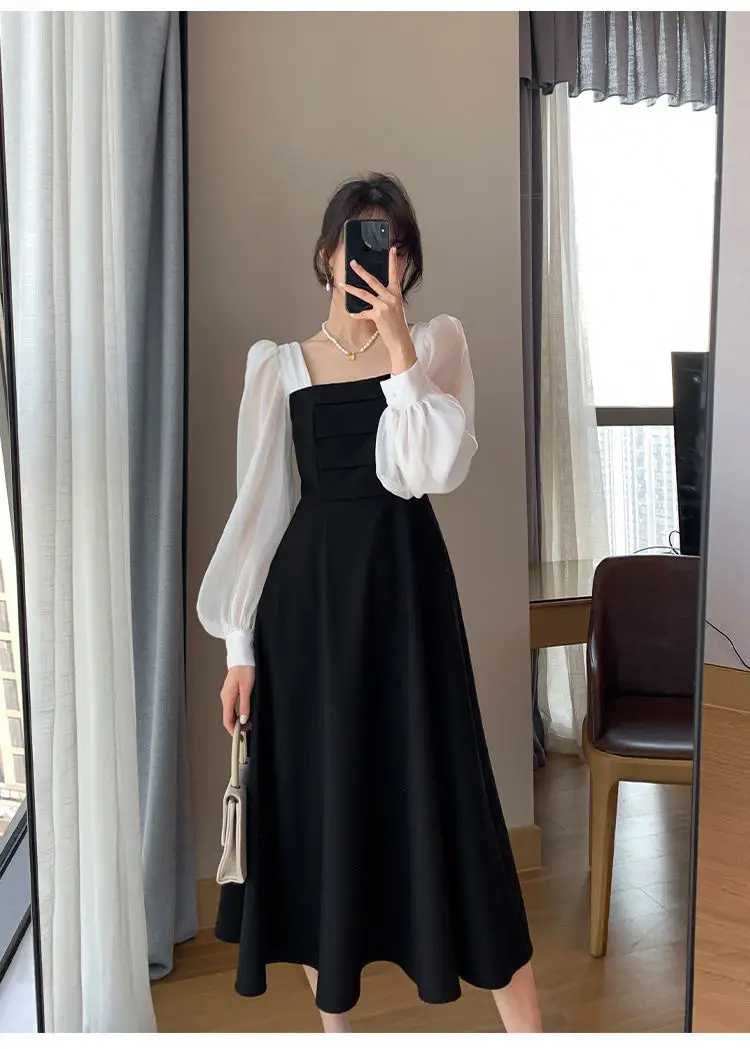Long Sleeve Black Organza French Skirt Dress Women — feature 12