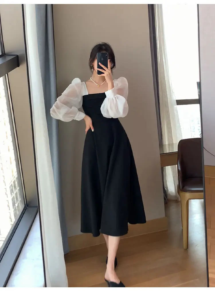 Long Sleeve Black Organza French Skirt Dress Women — feature 13