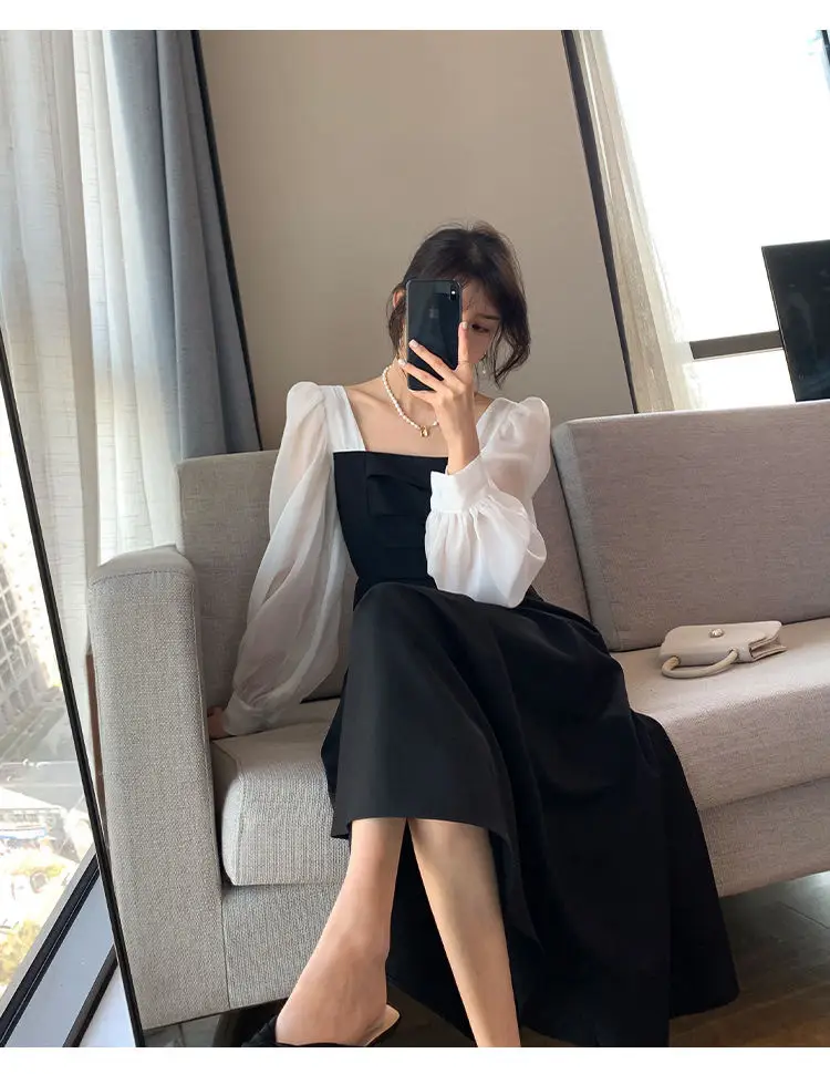 Long Sleeve Black Organza French Skirt Dress Women — feature 14