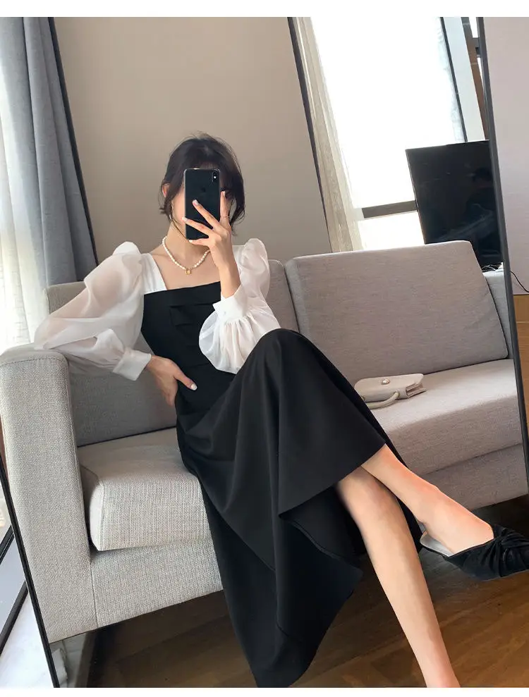 Long Sleeve Black Organza French Skirt Dress Women — feature 15