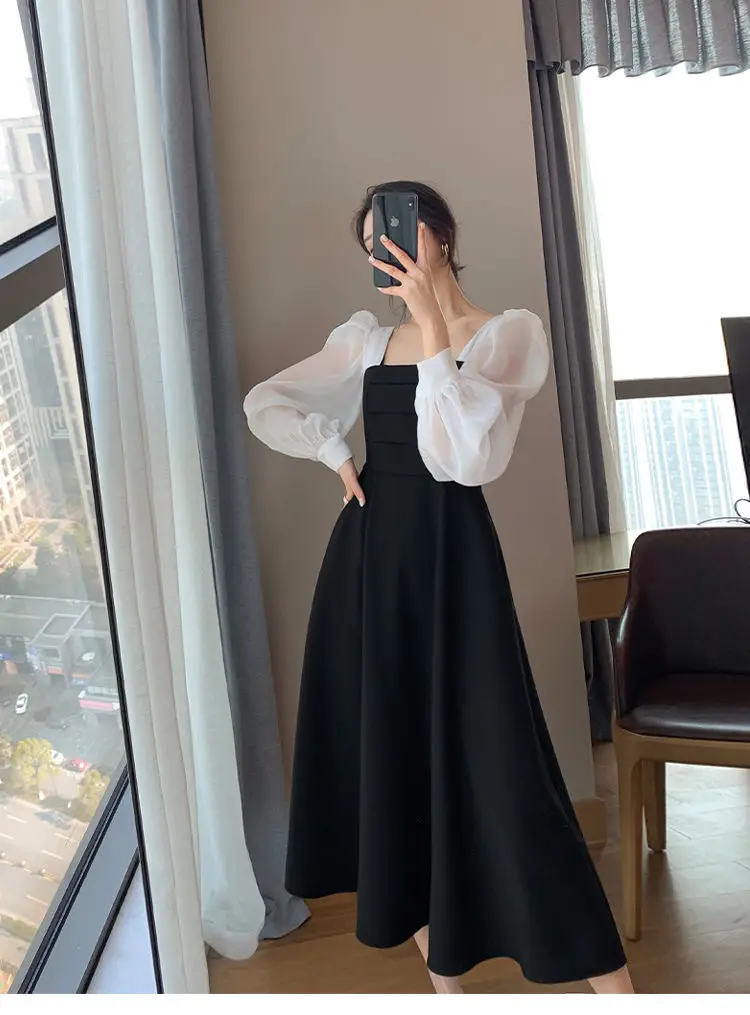Long Sleeve Black Organza French Skirt Dress Women — feature 2