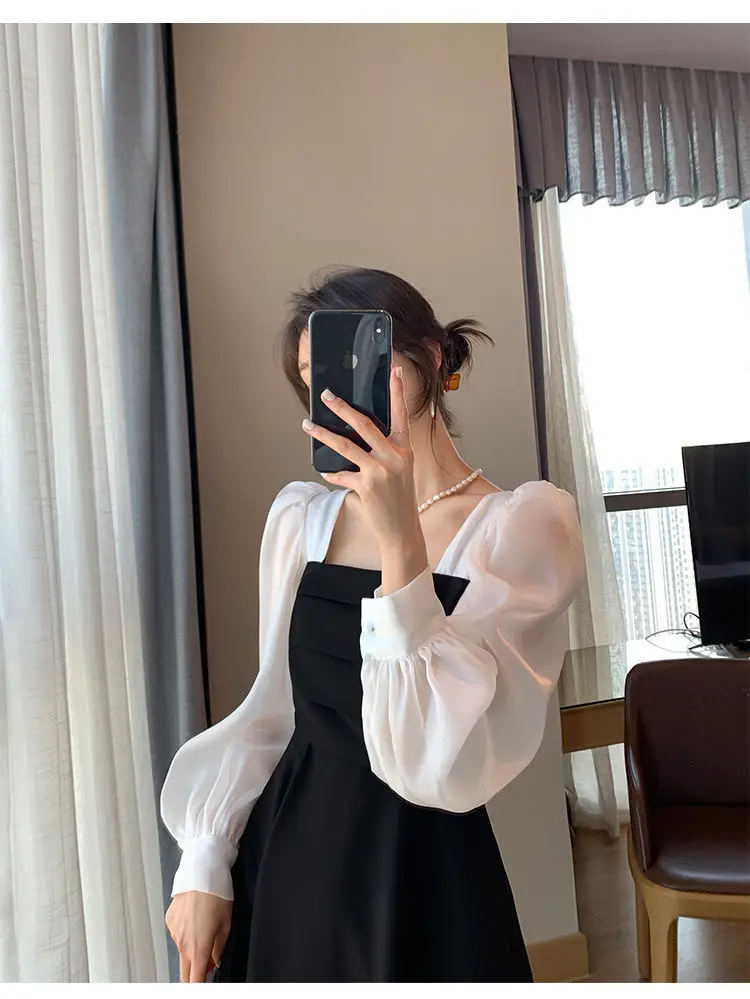 Long Sleeve Black Organza French Skirt Dress Women — feature 4