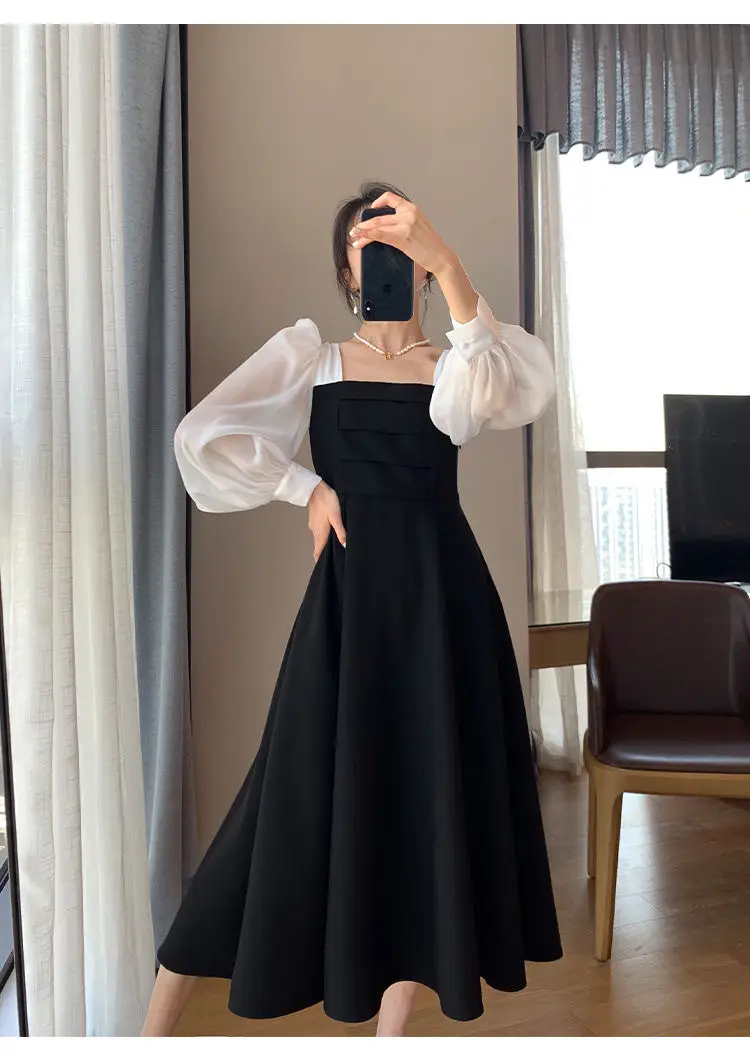 Long Sleeve Black Organza French Skirt Dress Women — feature 6
