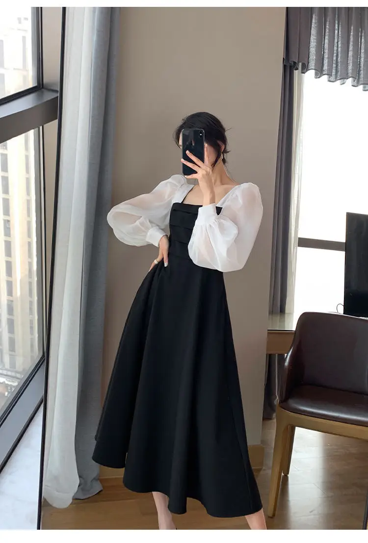 Long Sleeve Black Organza French Skirt Dress Women — feature 7