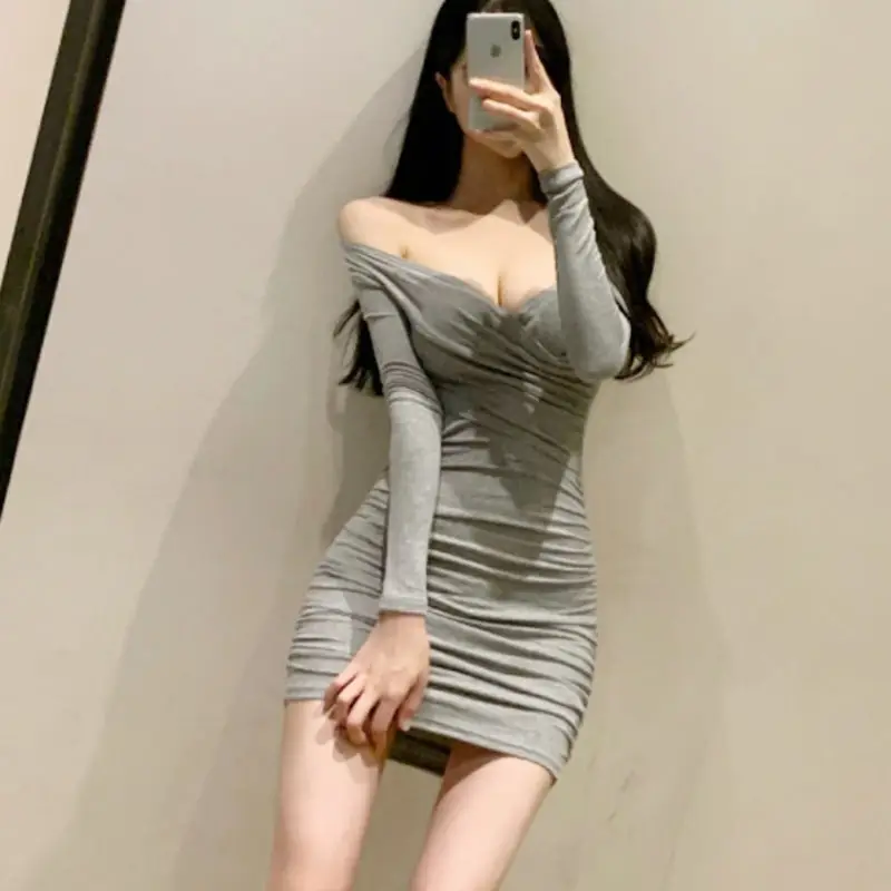 Women Spring Cross Wrap Long Sleeve Hip Dress Pink