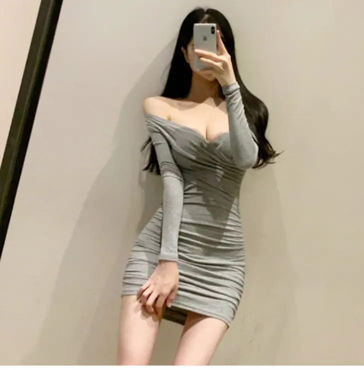 Women Spring Cross Wrap Long Sleeve Hip Dress Pink — feature 1