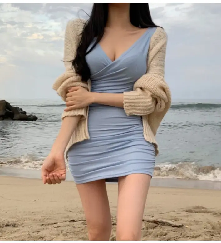 Women Spring Cross Wrap Long Sleeve Hip Dress Pink — feature 10
