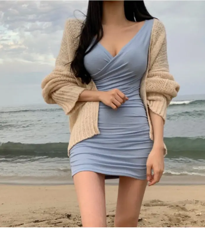 Women Spring Cross Wrap Long Sleeve Hip Dress Pink — feature 11