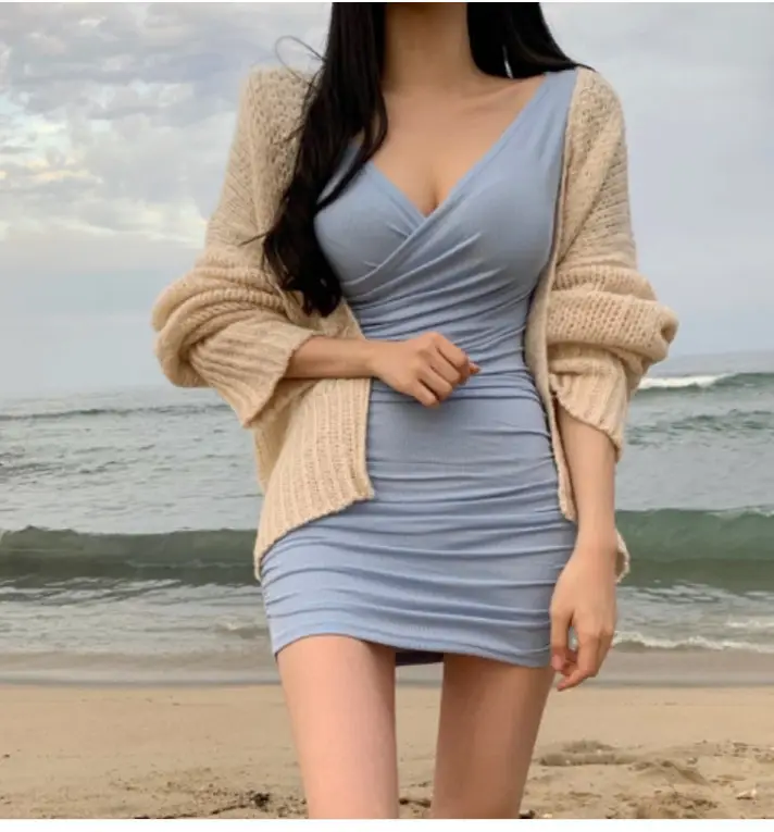 Women Spring Cross Wrap Long Sleeve Hip Dress Pink — feature 12