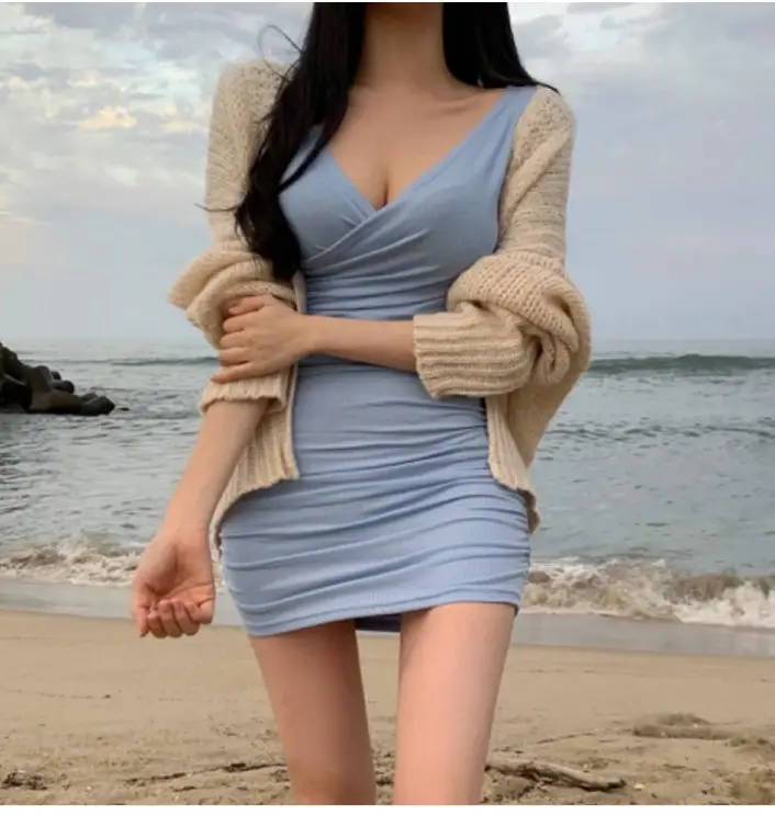 Women Spring Cross Wrap Long Sleeve Hip Dress Pink — feature 13