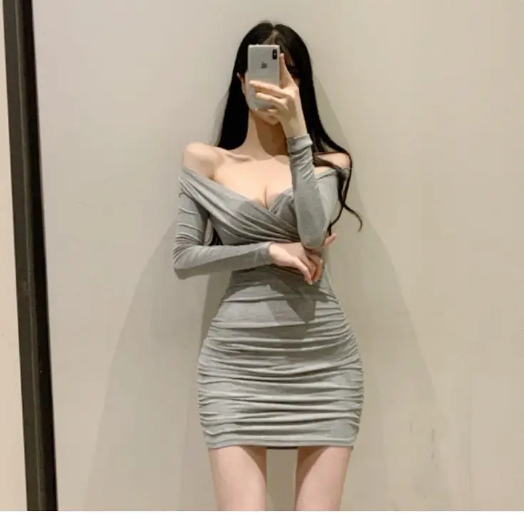 Women Spring Cross Wrap Long Sleeve Hip Dress Pink — feature 2