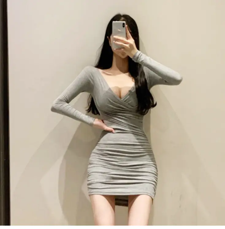 Women Spring Cross Wrap Long Sleeve Hip Dress Pink — feature 4