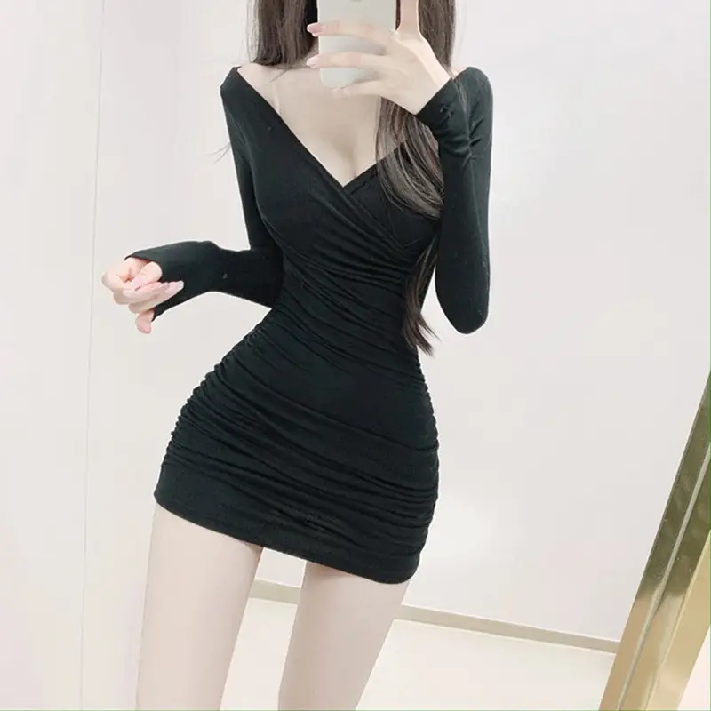 Women Spring Cross Wrap Long Sleeve Hip Dress Pink