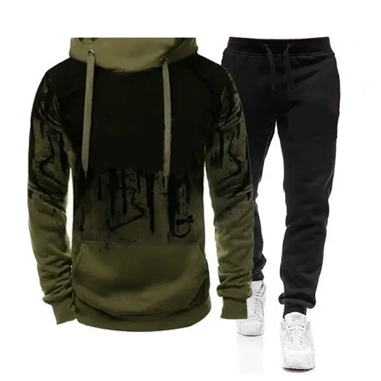 Men Hooded Sweat Set Black White Ink Print - Image 6