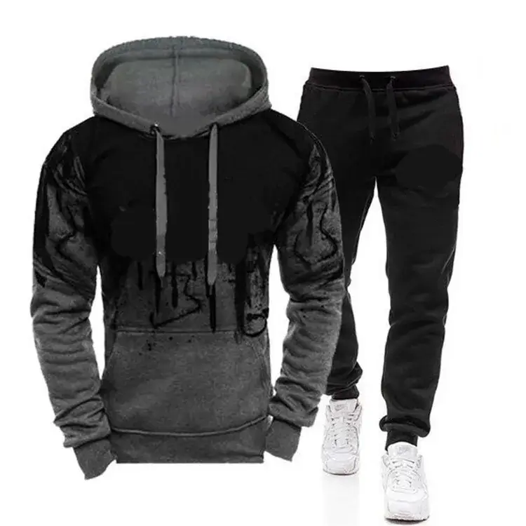Men Hooded Sweat Set Black White Ink Print - Image 3