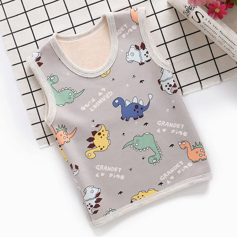Children's Dinosaur Velvet Vest Grey Sleeveless Warm Bottoming Vest - Image 6