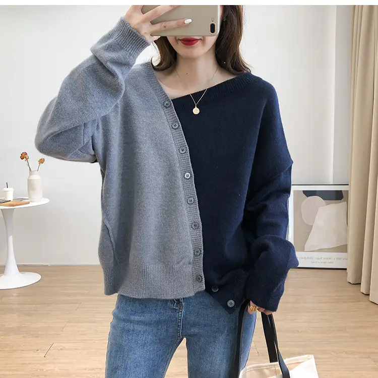 Women Irregular Knit Sweater Set Brown Beige Loose Fit - Image 4