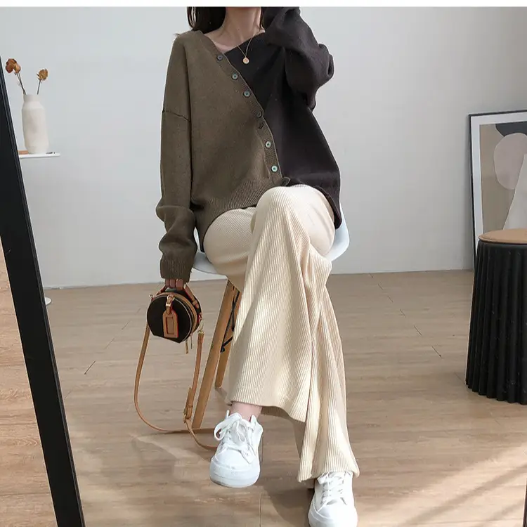 Women Irregular Knit Sweater Set Brown Beige Loose Fit - Image 5
