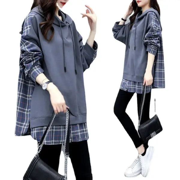 Women Hooded Sweatshirt Set Plaid Hooded Sweatshirt Hoodie