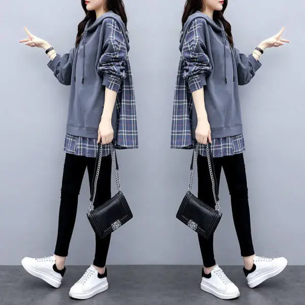 Women Hooded Sweatshirt Set Plaid Hooded Sweatshirt Hoodie — feature 4