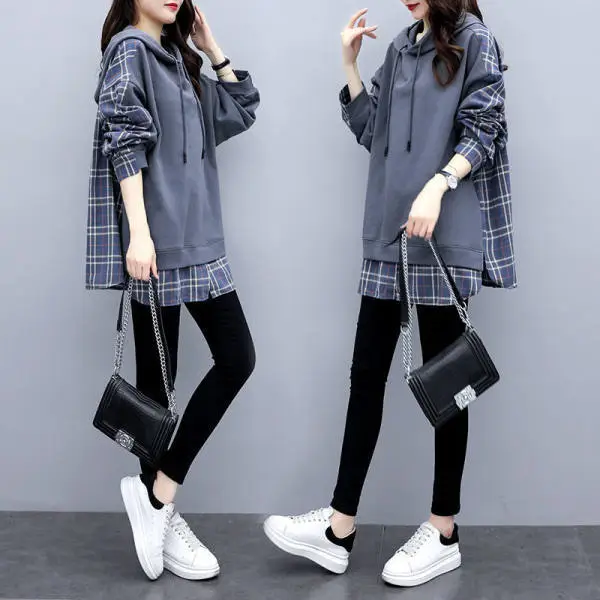 Women Hooded Sweatshirt Set Plaid Hooded Sweatshirt Hoodie — feature 5