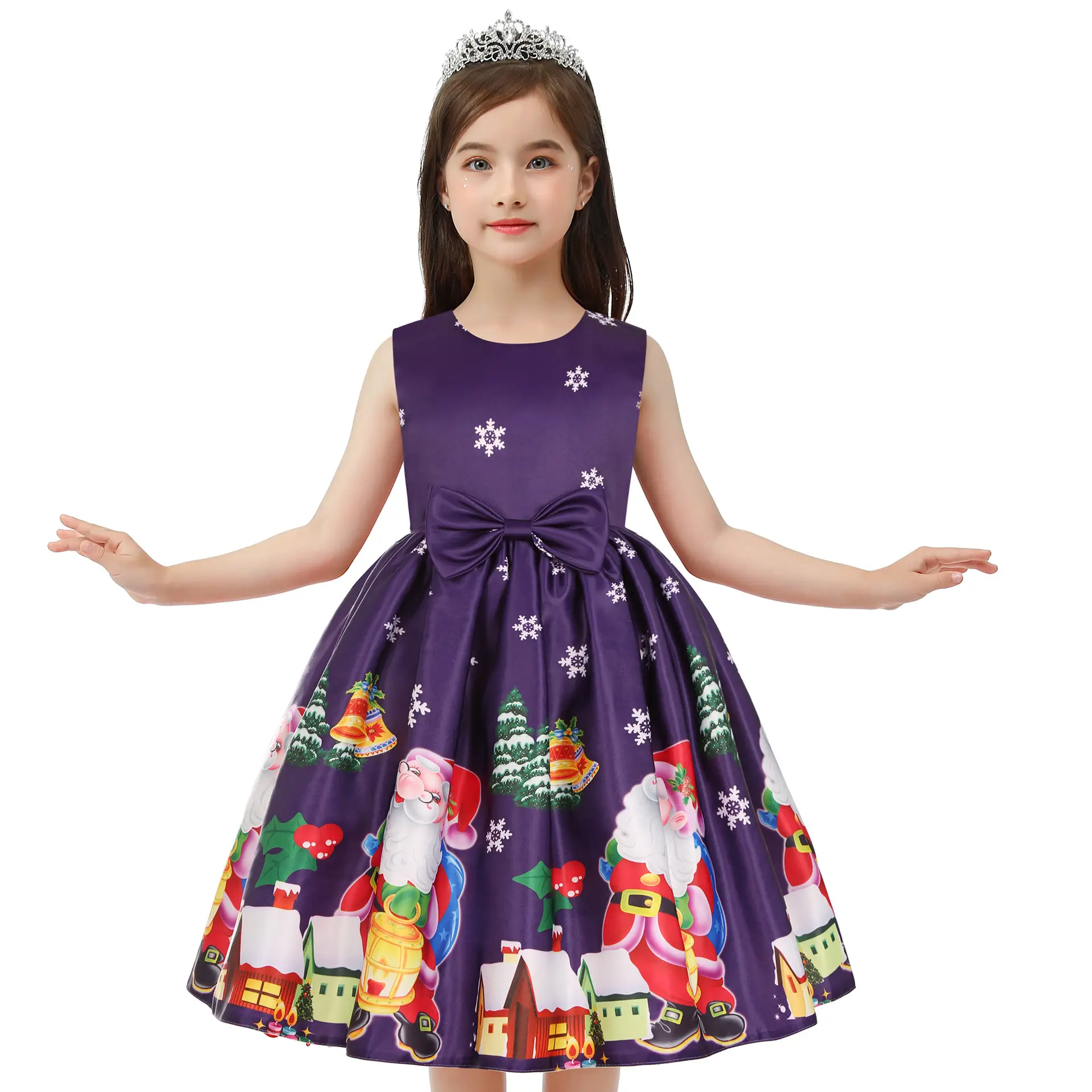 New Kids Christmas Dress Green Print Bow Dress - Image 5