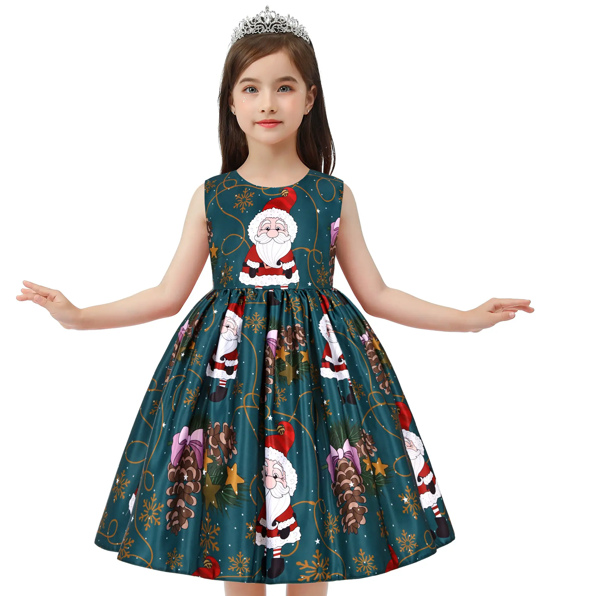 New Kids Christmas Dress Green Print Bow Dress - Image 6